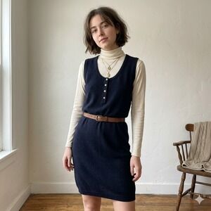 Vintage 90s Drumohr Cashmere Dress Womens Large Navy Blue Henley Knit Scotland